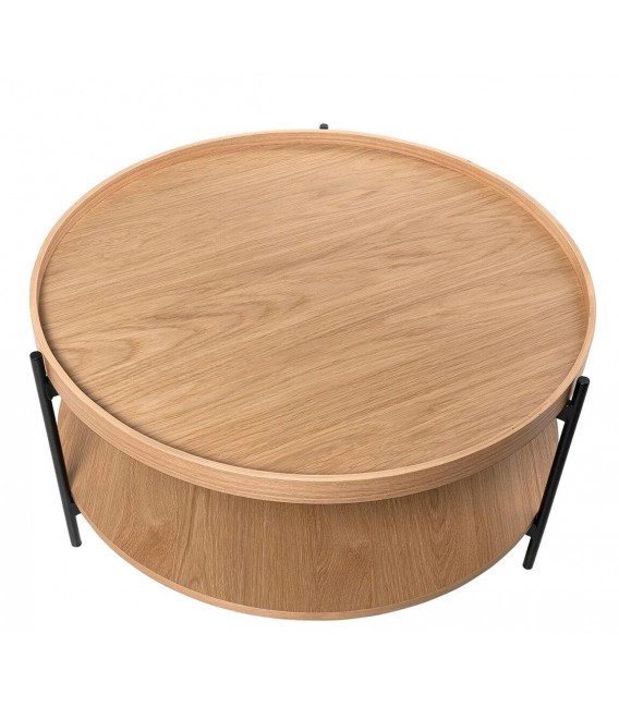 Mesa redonda de roble y metal negro doble bandeja y estilo actual. 3