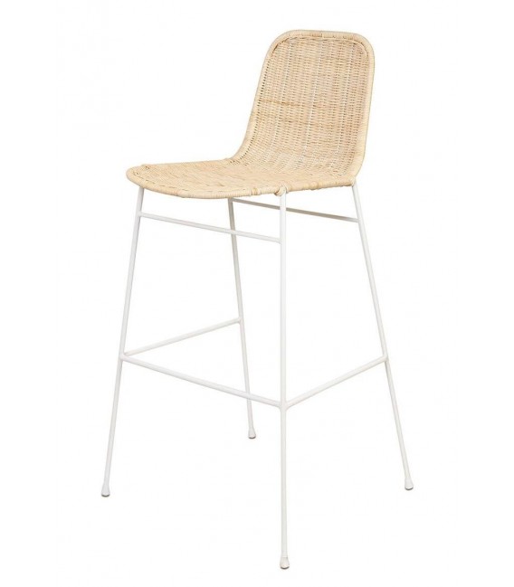 Taburete alto boho con asiento de ratán natural y estructura blanca. Mdmhogar