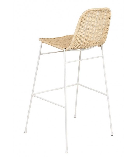 Taburete alto boho con asiento de ratán natural y estructura blanca. 2