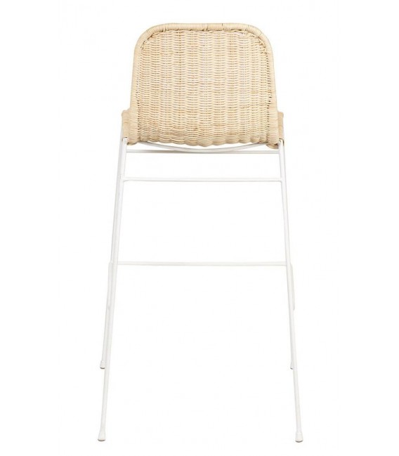 Taburete alto boho con asiento de ratán natural y estructura blanca. 3