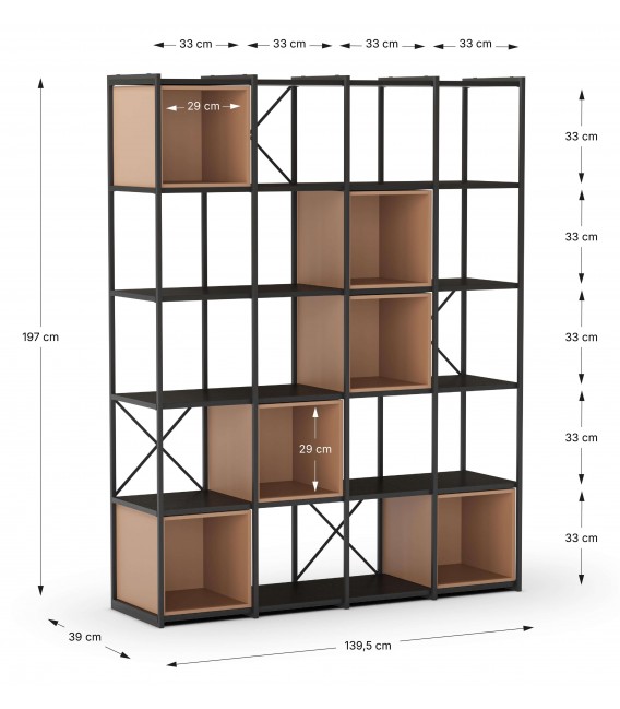 Estantería industrial grande en metal negro y melamina terracota. 2