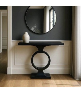 Consola de metal y cristal negro base circular escultórica moderna. Mdmhogar