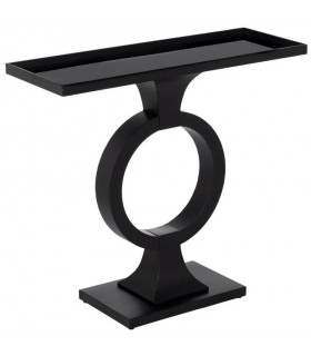 Consola de metal y cristal negro base circular escultórica moderna.
