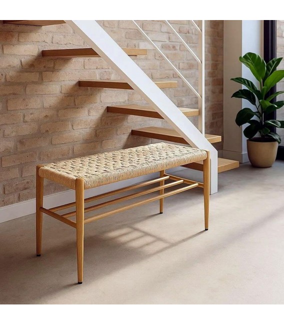 Banco colonial metal roble y cuerda trenzada color natural. Mdmhogar