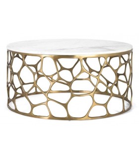 Mesa centro redonda art decó con base dorada y mármol blanco.  Mdmhogar