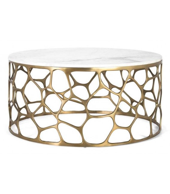 Mesa centro redonda art decó con base dorada y mármol blanco.  Mdmhogar