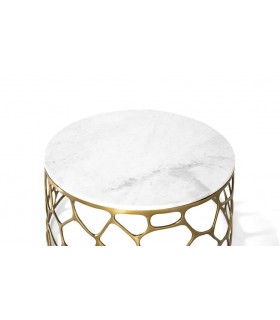 Mesa centro redonda art decó con base dorada y mármol blanco.
