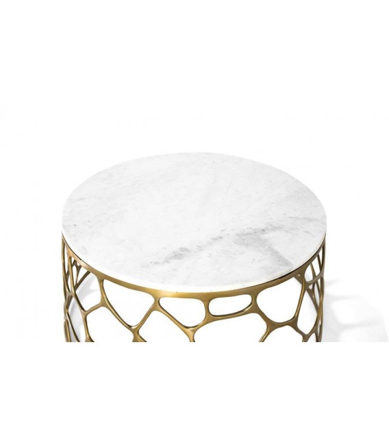 Mesa centro redonda art decó con base dorada y mármol blanco.