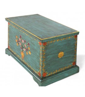 Baúl étnico turquesa en madera con flores pintadas a mano. Mdmhogar