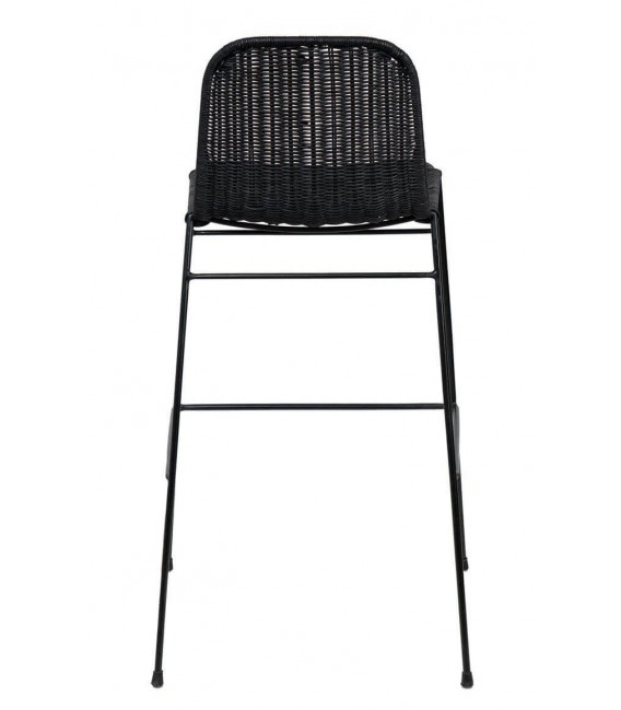 Taburete boho negro con asiento de ratán trenzado y metal negro. 3