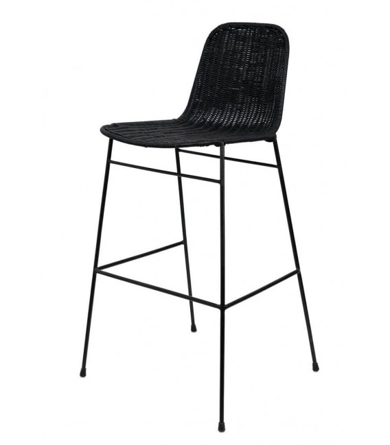 Taburete boho negro con asiento de ratán trenzado y metal negro. Mdmhogar