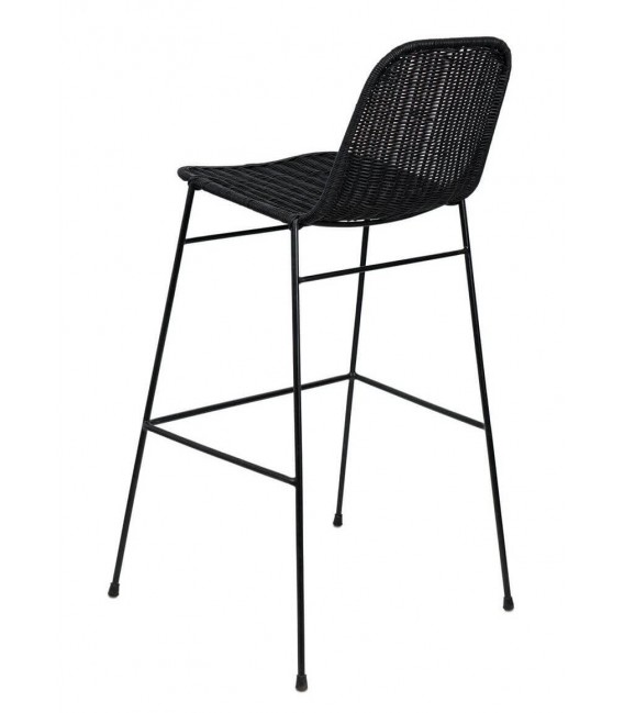 Taburete boho negro con asiento de ratán trenzado y metal negro. 2
