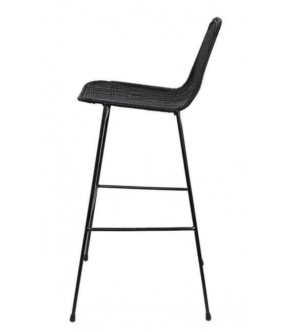 Taburete boho negro con asiento de ratán trenzado y metal negro. 1