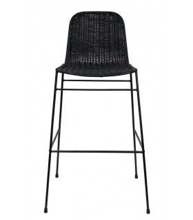 Taburete boho negro con asiento de ratán trenzado y metal negro.