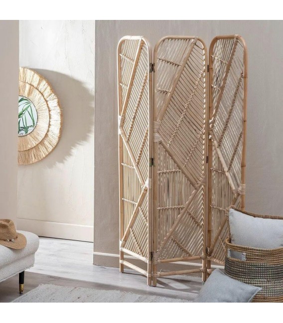Biombo 3 hojas boho de bambú y ratán natural trenzado a mano. Mdmhogar