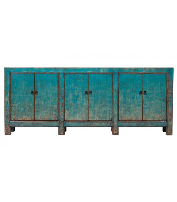 Aparador oriental XXL de madera lacada turquesa con 6 puertas.