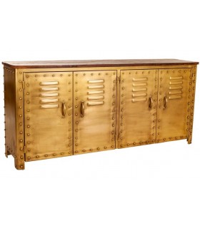 Aparador metálico dorado con remaches y tapa de madera nogal.  Mdmhogar