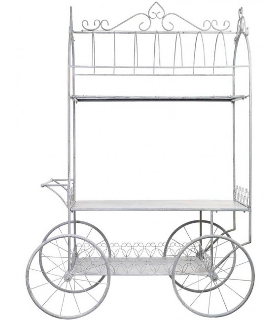 Carro expositor XXL de metal con acabado gris patinado blanco.