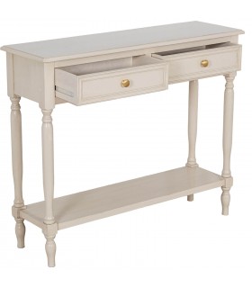 Consola clásica beige con cajones y tiradores dorados elegantes.
