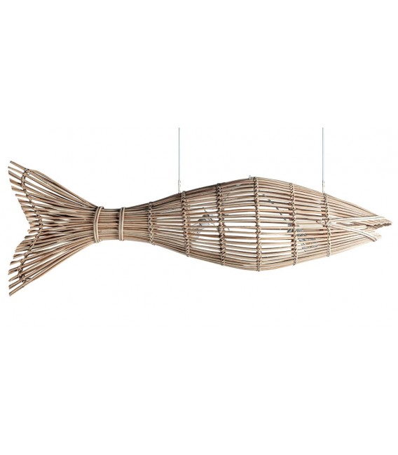 Lámpara XL de ratán trenzado artesanal en forma de pez, 2 luces. Mdmhogar