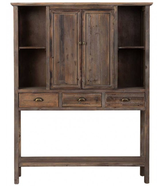 Armario rústico con puertas, cajones y estantes de madera reciclada.