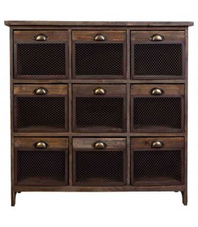 Cómoda rústica de madera reciclada con 9 cajones y rejilla metálica.