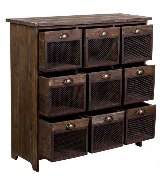 Cómoda rústica de madera reciclada con 9 cajones y rejilla metálica. 1