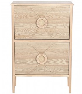Mueble zapatero de madera clara natural y ratán estilo oriental chic.