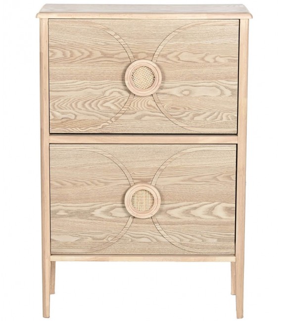 Mueble zapatero de madera clara natural y ratán estilo oriental chic.