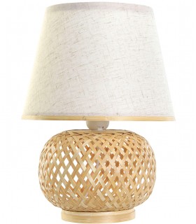 Lámpara de bambú trenzado con pantalla textil beige artesanal.  Mdmhogar