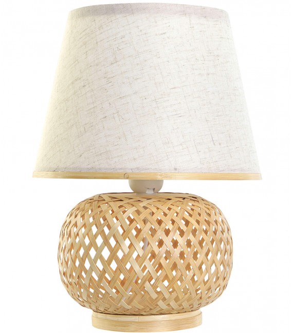 Lámpara de bambú trenzado con pantalla textil beige artesanal.  Mdmhogar