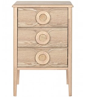 Mesita de noche boho 3 cajones en madera de abeto y ratán natural. Mdmhogar