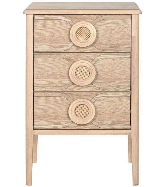 Mesita de noche boho 3 cajones en madera de abeto y ratán natural. Mdmhogar