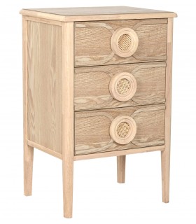Mesita de noche boho 3 cajones en madera de abeto y ratán natural.