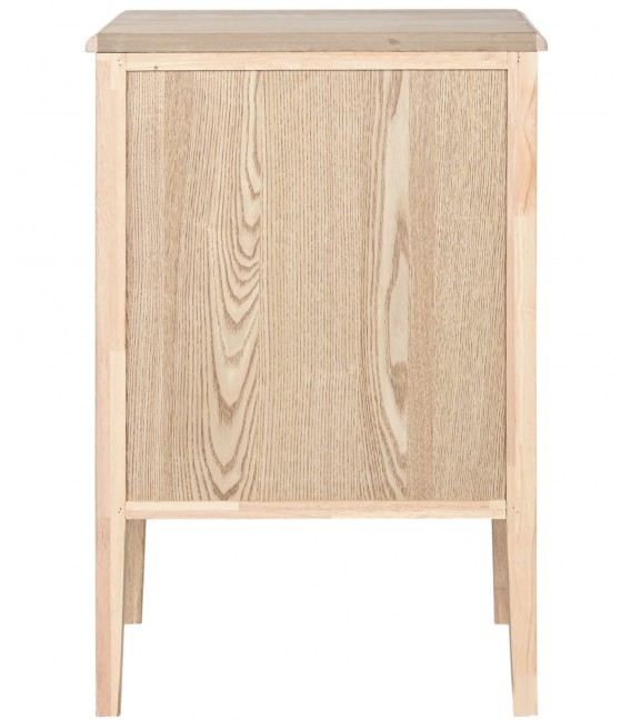 Mesita de noche boho 3 cajones en madera de abeto y ratán natural. 1