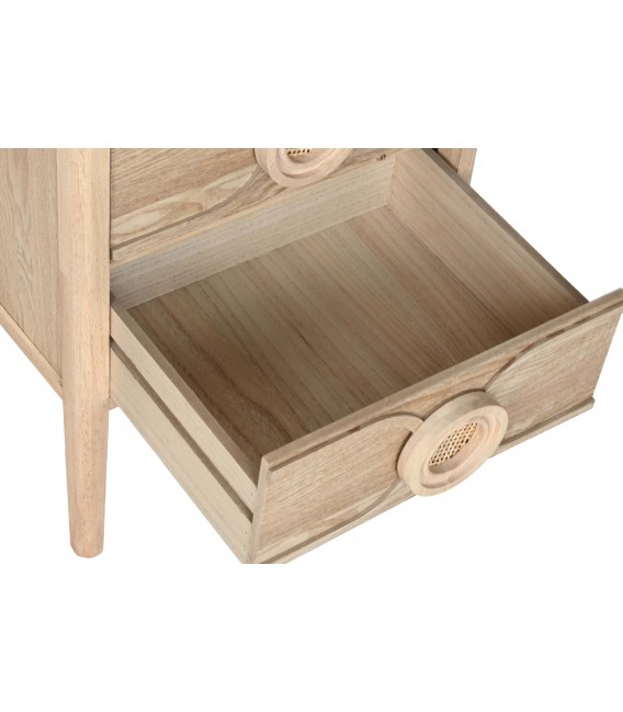 Mesita de noche boho 3 cajones en madera de abeto y ratán natural. 4
