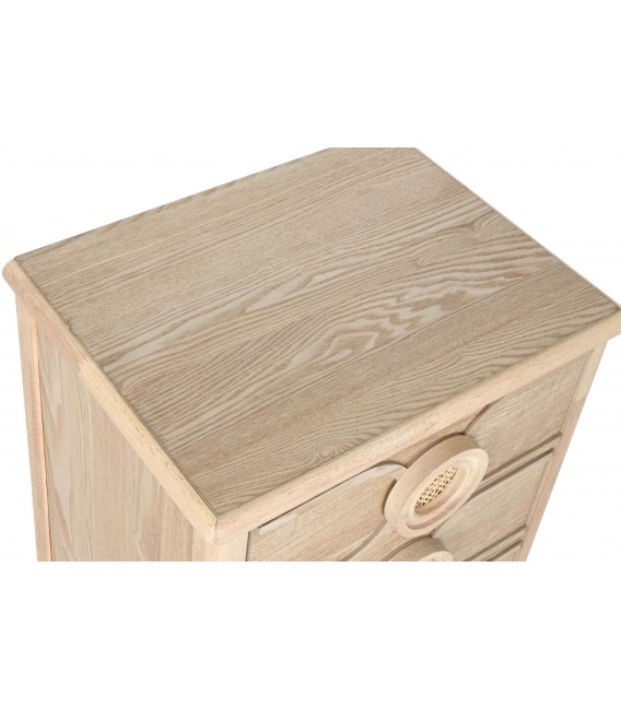 Mesita de noche boho 3 cajones en madera de abeto y ratán natural. 2