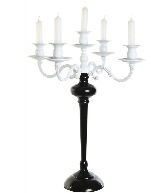 Portavelas clásico de metal con 5 brazos en blanco y negro brillante.