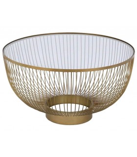 Mesa redonda de metal dorado con tapa de cristal estilo art decó.