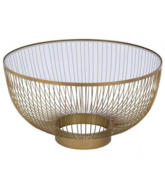 Mesa redonda de metal dorado con tapa de cristal estilo art decó.