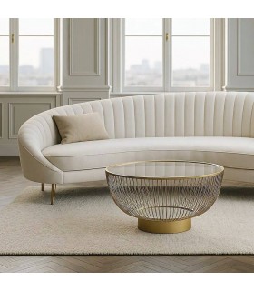 Mesa redonda de metal dorado con tapa de cristal estilo art decó. Mdmhogar