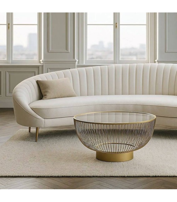 Mesa redonda de metal dorado con tapa de cristal estilo art decó. Mdmhogar