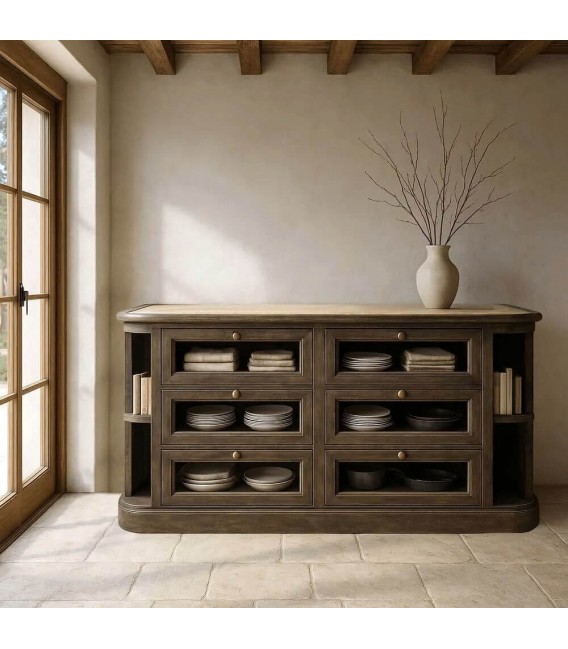 Aparador nogal y mármol travertino con 6 cajones y estantes. Mdmhogar