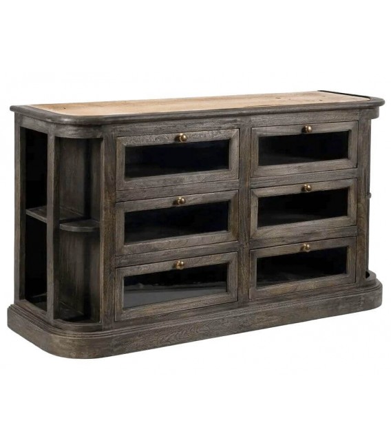 Aparador nogal y mármol travertino con 6 cajones y estantes.