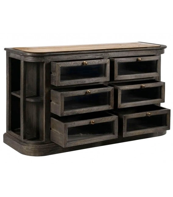 Aparador nogal y mármol travertino con 6 cajones y estantes. 1