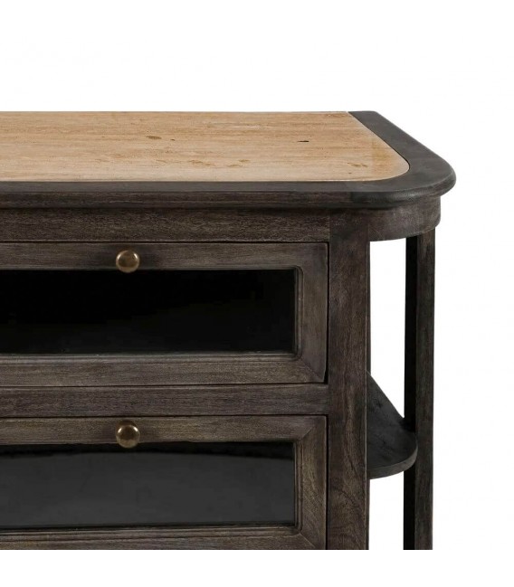 Aparador nogal y mármol travertino con 6 cajones y estantes. 3