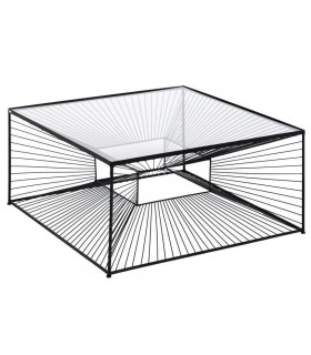 Mesa centro cuadrada de metal negro con tapa de cristal clara.
