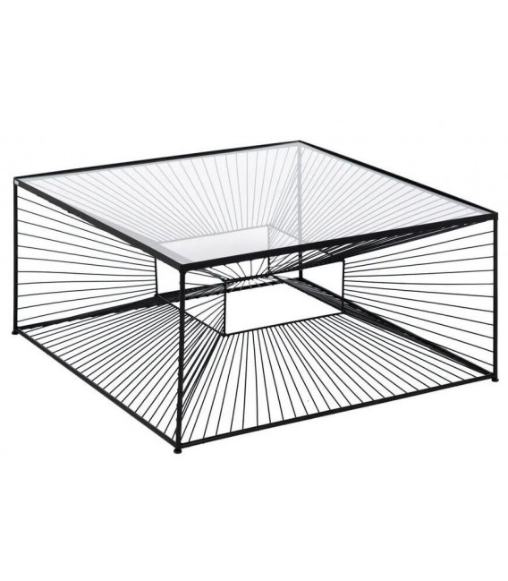 Mesa centro cuadrada de metal negro con tapa de cristal clara.
