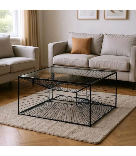 Mesa centro cuadrada de metal negro con tapa de cristal clara. Mdmhogar