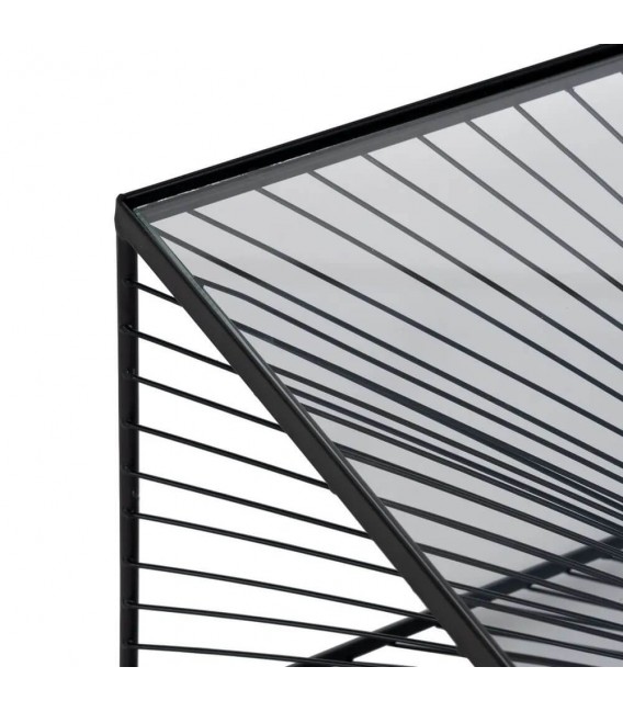 Mesa centro cuadrada de metal negro con tapa de cristal clara. 1